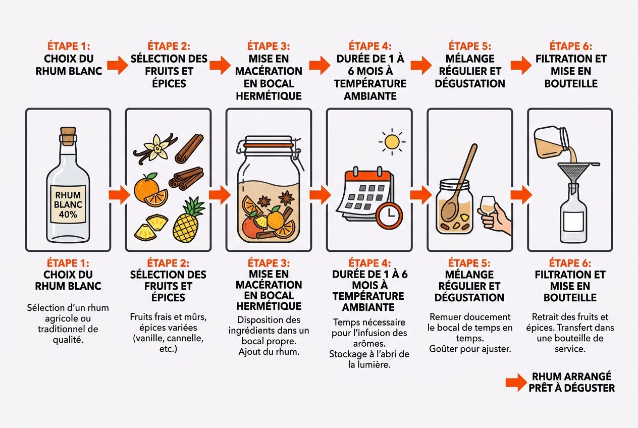 Processus illustré pour le rhum arrangé: étape 1 choix du rhum blanc, étape 2 sélection fruits et épices, étape 3 macération en bocal hermétique, étape 4 maturation 1–6 mois à temperatura ambiante, étape 5 mélange et dégustation, étape 6 filtration et mise en bouteille.