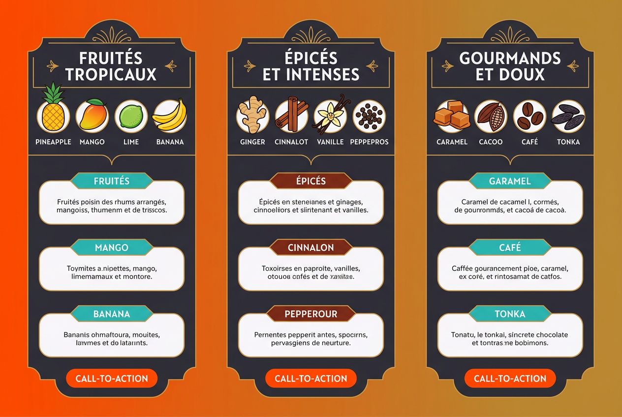 Tableau d’infographie sur les saveurs: fruits tropicaux, épices et gourmandises, avec catégories et exemples de rhum arrangé.