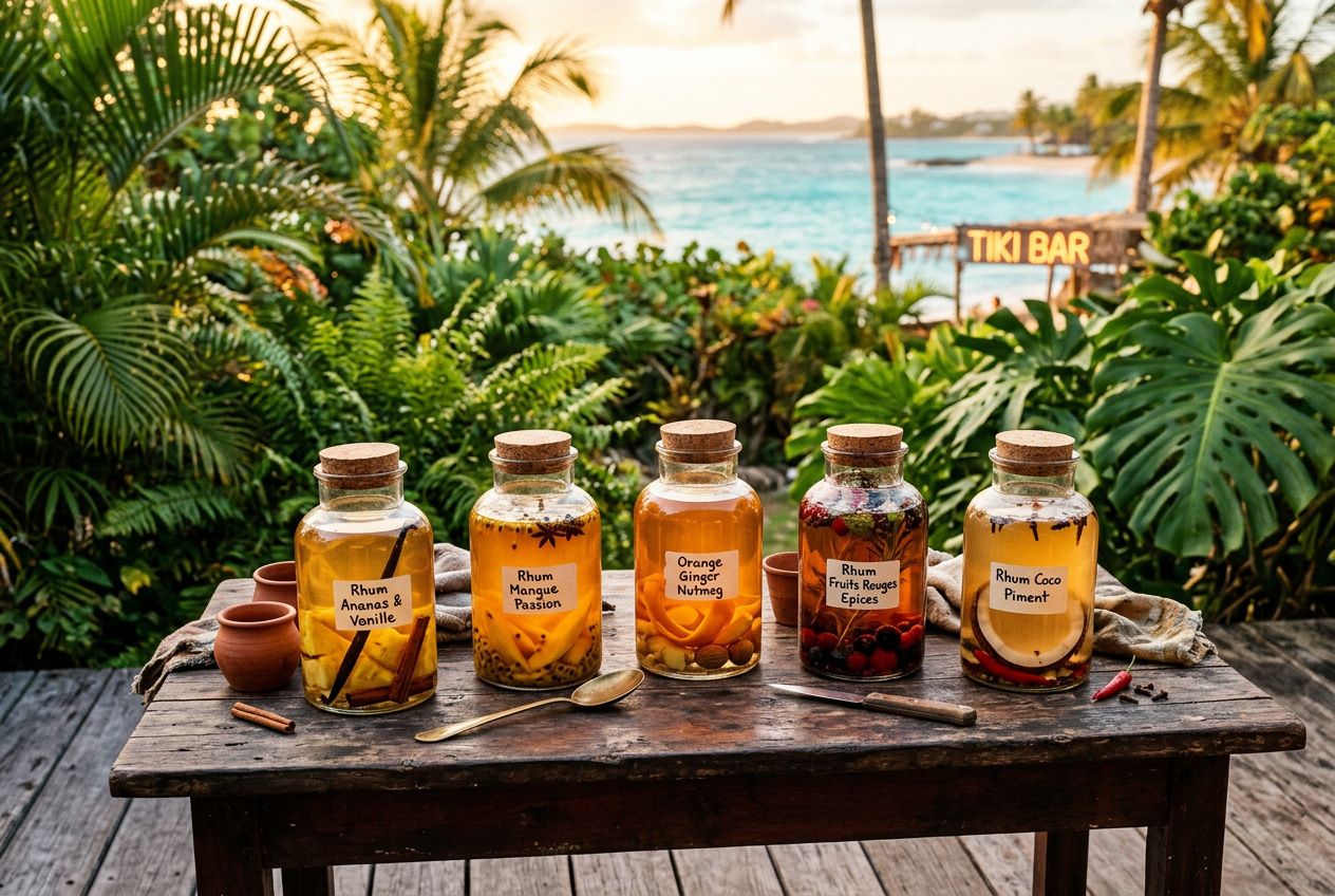 Six bouteilles de rhum aromatisé sur une table en bois, plantes tropicales en fond et vue de plage; chaque flacon porte des étiquettes comme « Rhum Ananas & Vanille », prêt à préparer un rhum arrangé.